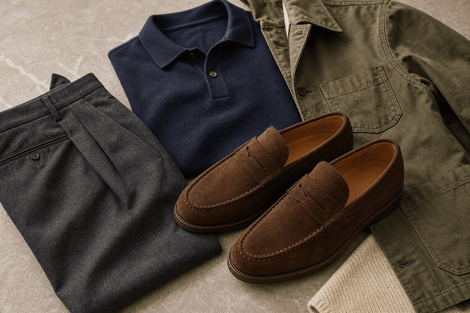 Brown suede loafers styled with charcoal trousers, a navy knit polo, and an olive chore jacket.