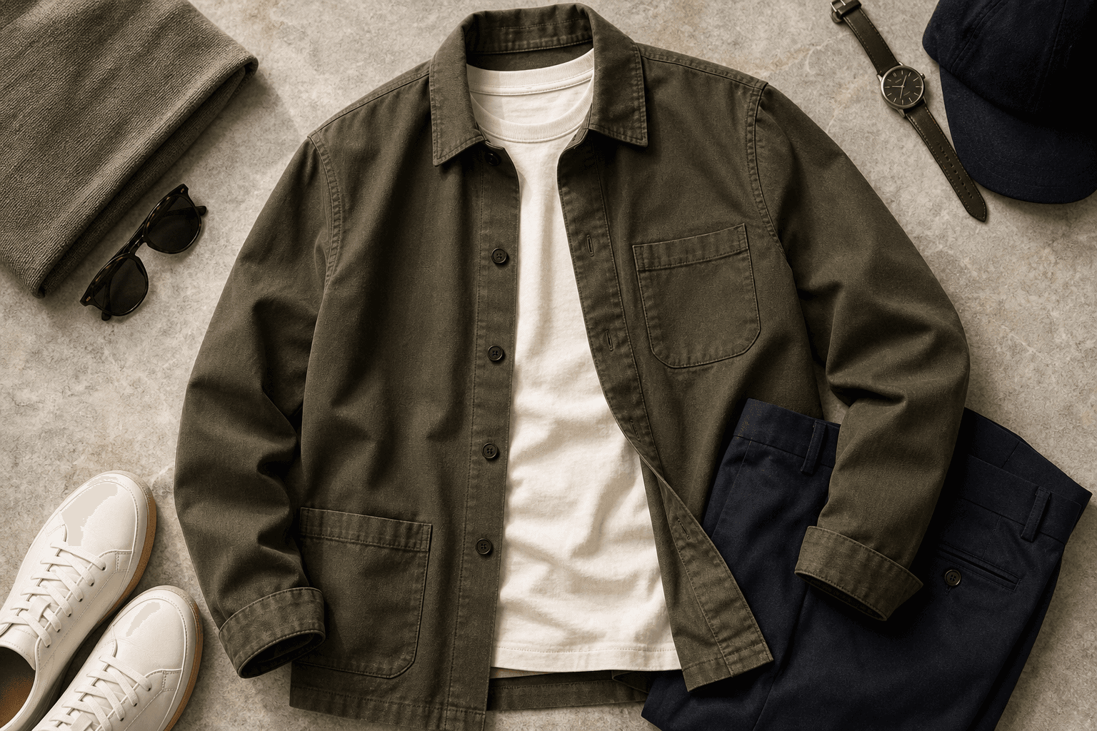 An olive cotton twill overshirt layered over a cream tee with dark jeans.