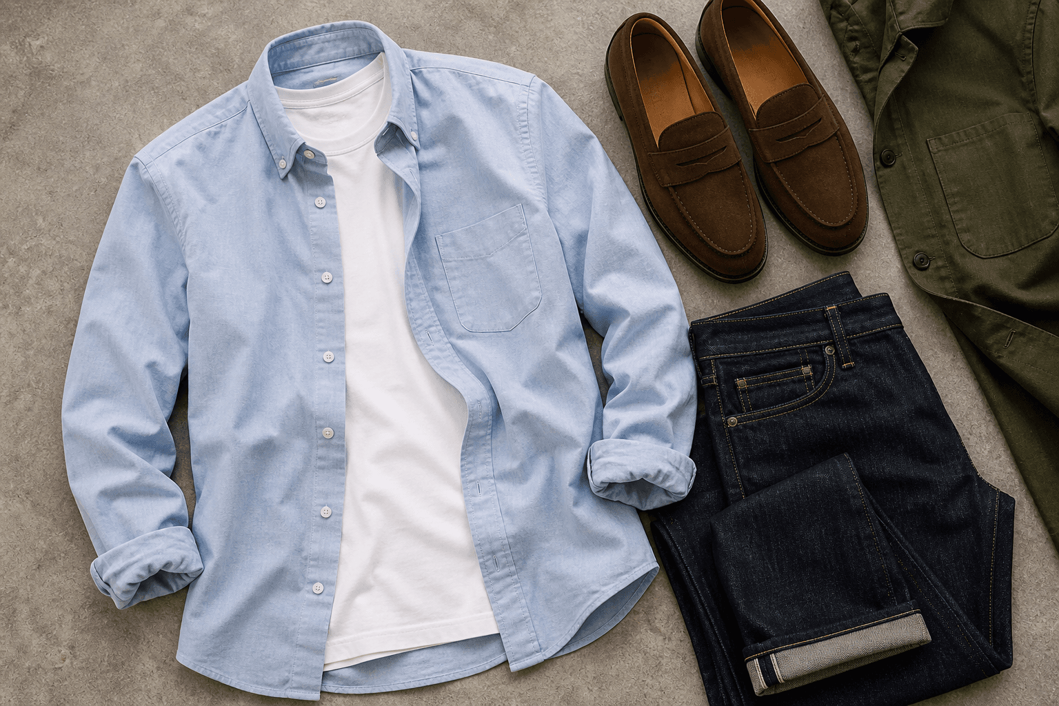 A pale blue oxford shirt worn open over a white tee with dark denim and loafers.