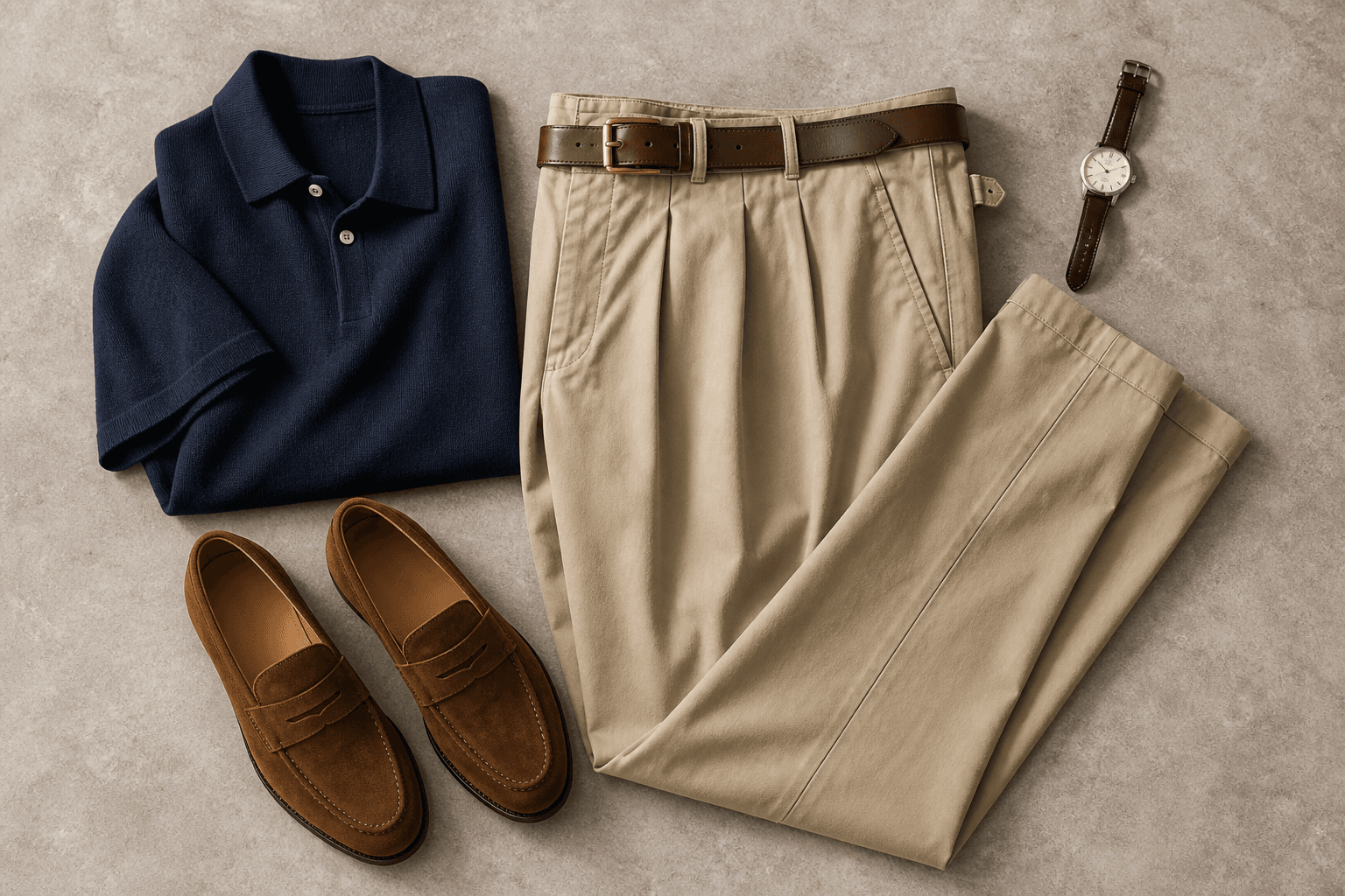 Stone pleated chinos styled with a navy knit polo, brown loafers, and a leather belt.