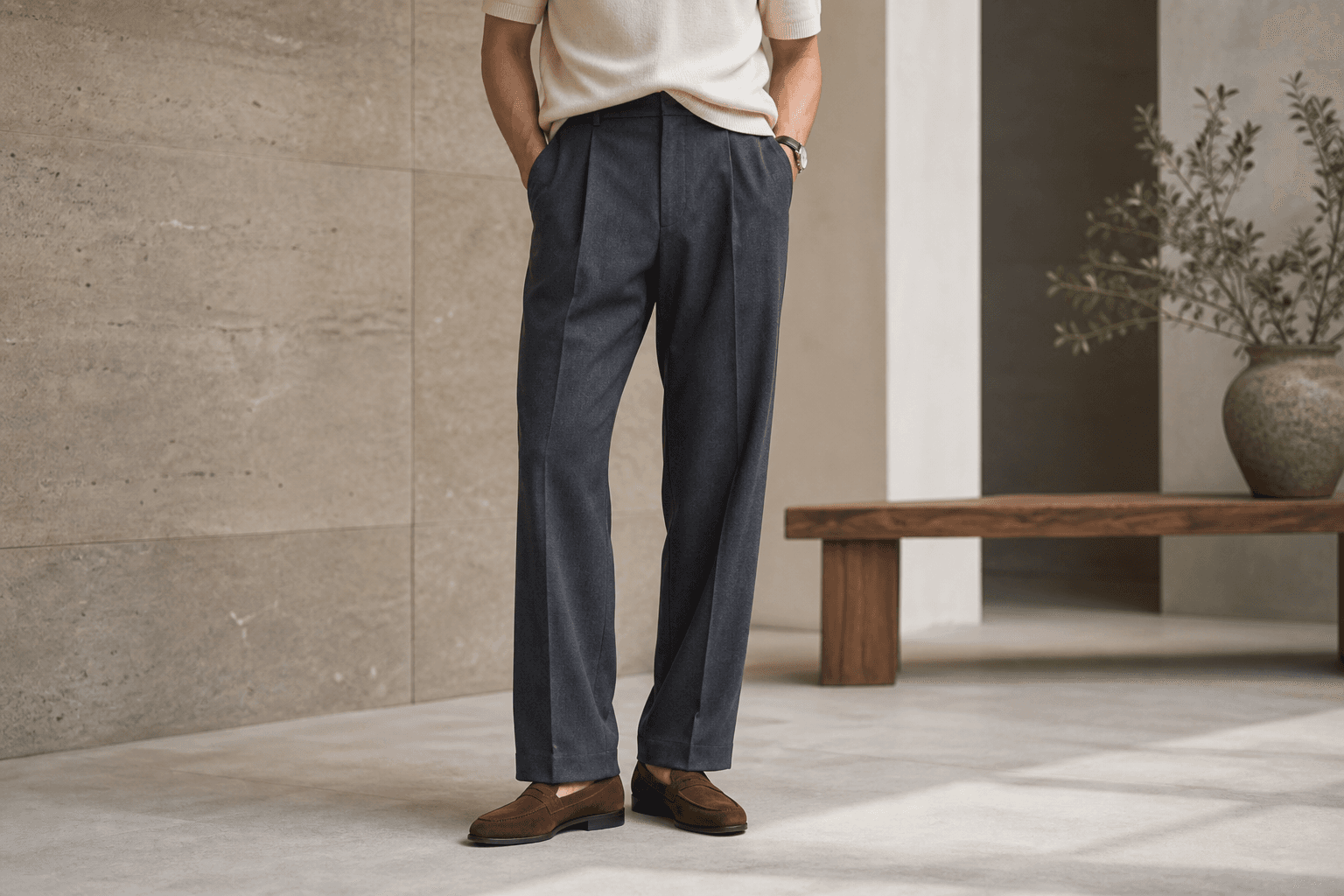 Relaxed charcoal trousers with a clean straight leg and brown loafers.