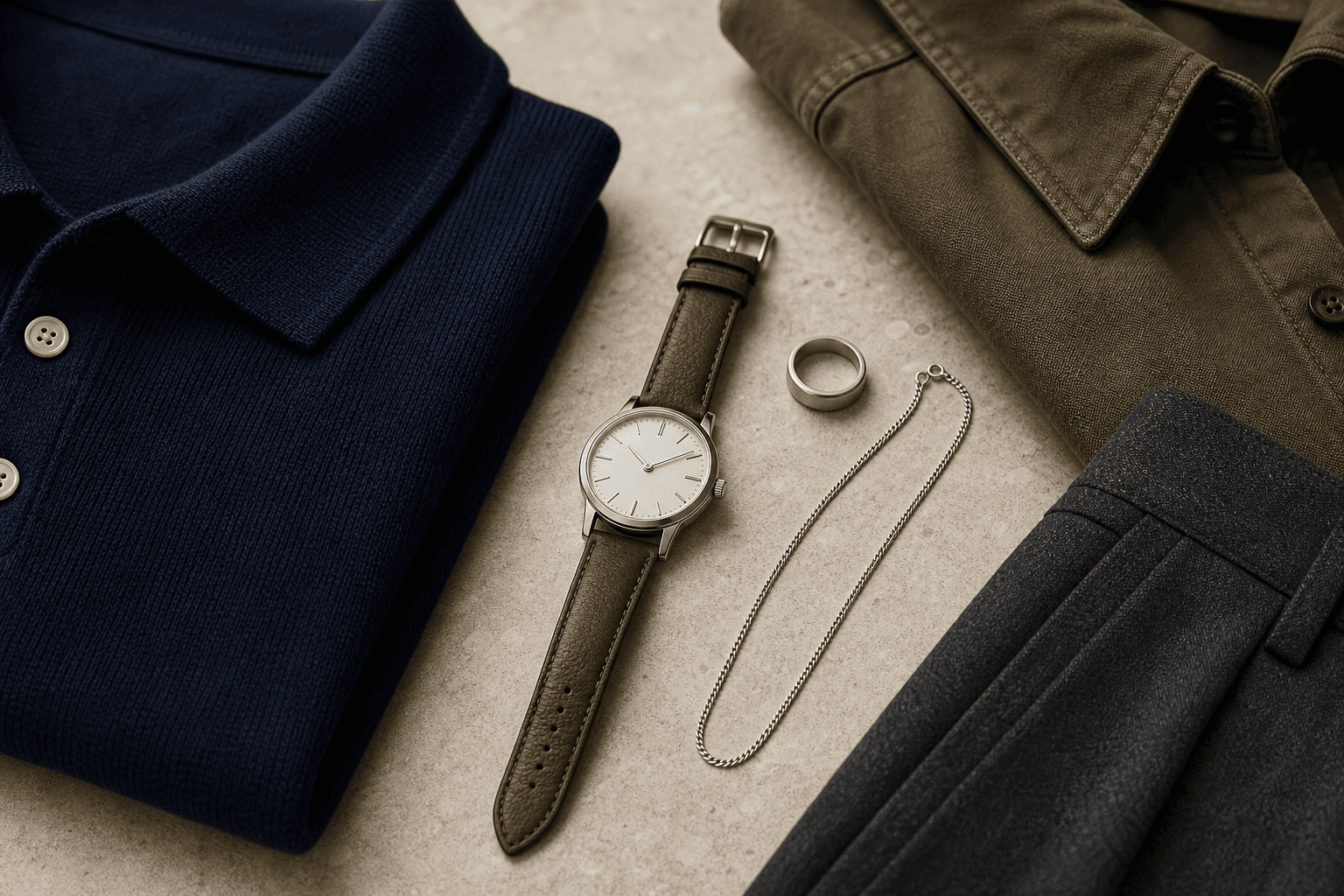 An understated watch, ring, and chain styled with navy knitwear and olive twill.