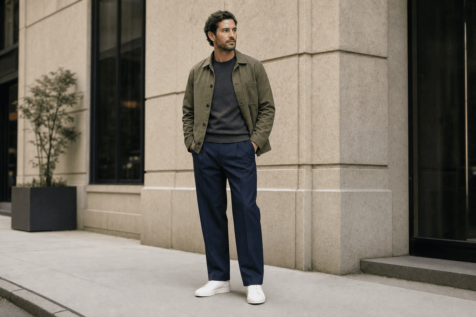A man wearing an olive overshirt, navy knit polo, relaxed trousers, and white sneakers.