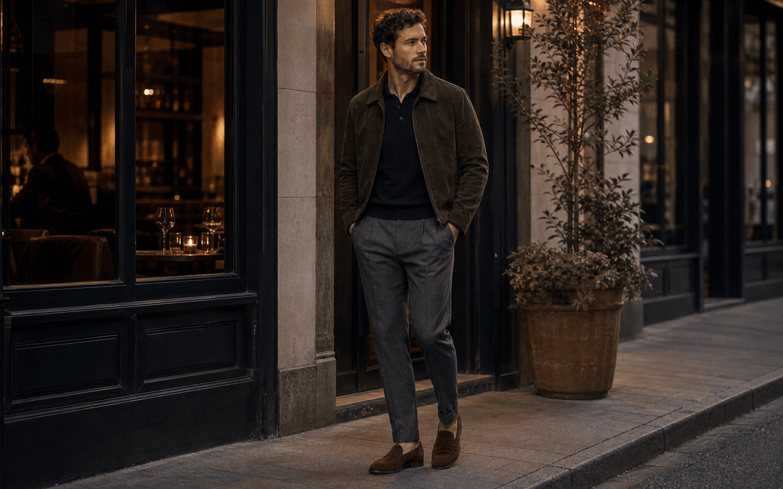 A man wearing a dark knit polo, charcoal trousers, brown jacket, and suede loafers at dinner.