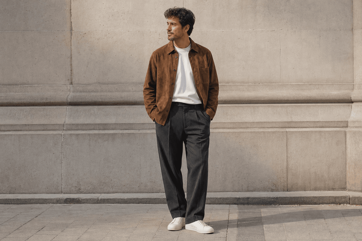 A man wearing a white tee, relaxed trousers, brown loafers, and a brown suede jacket.
