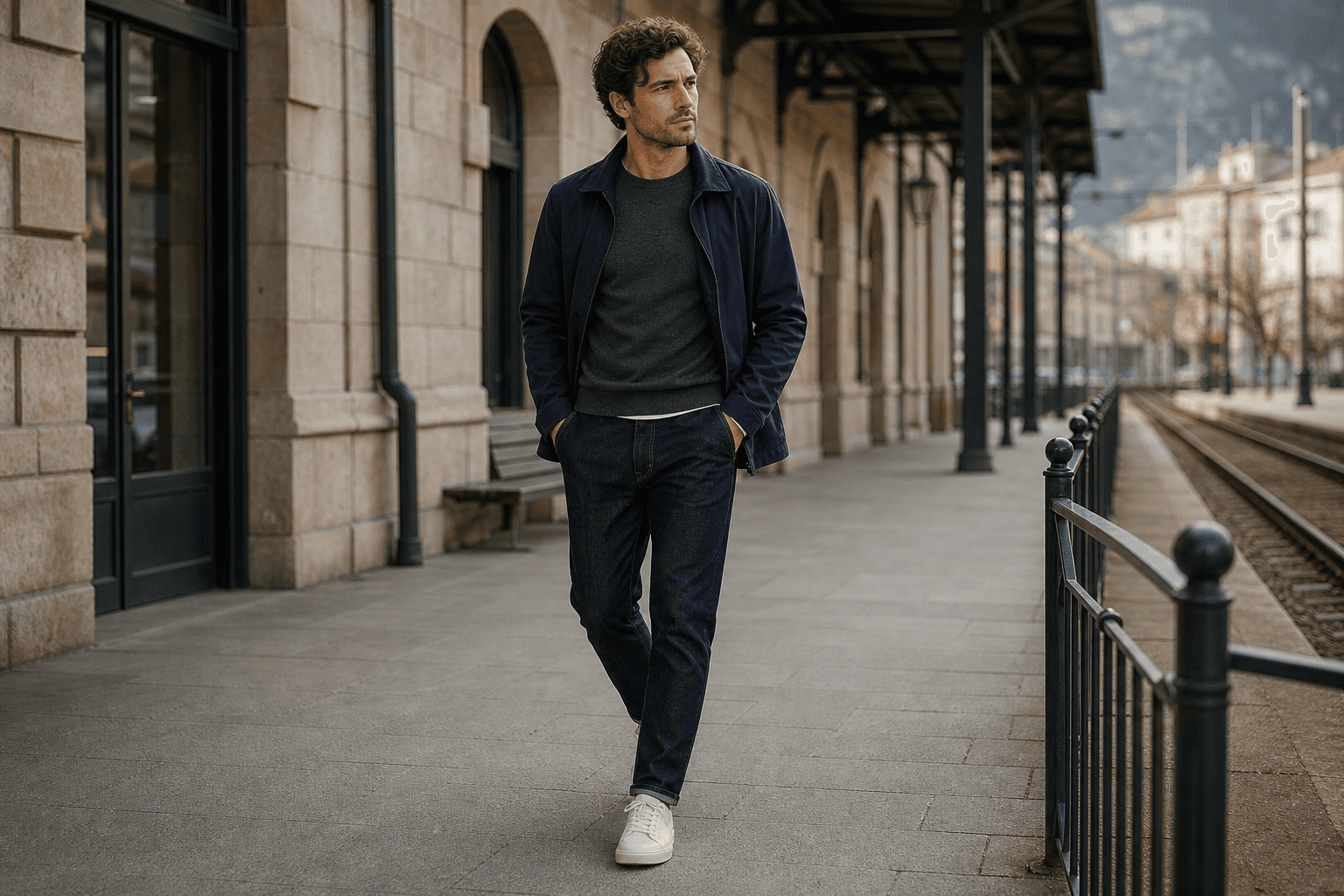 A man wearing a dark crewneck, lightweight jacket, dark straight denim, and white sneakers.
