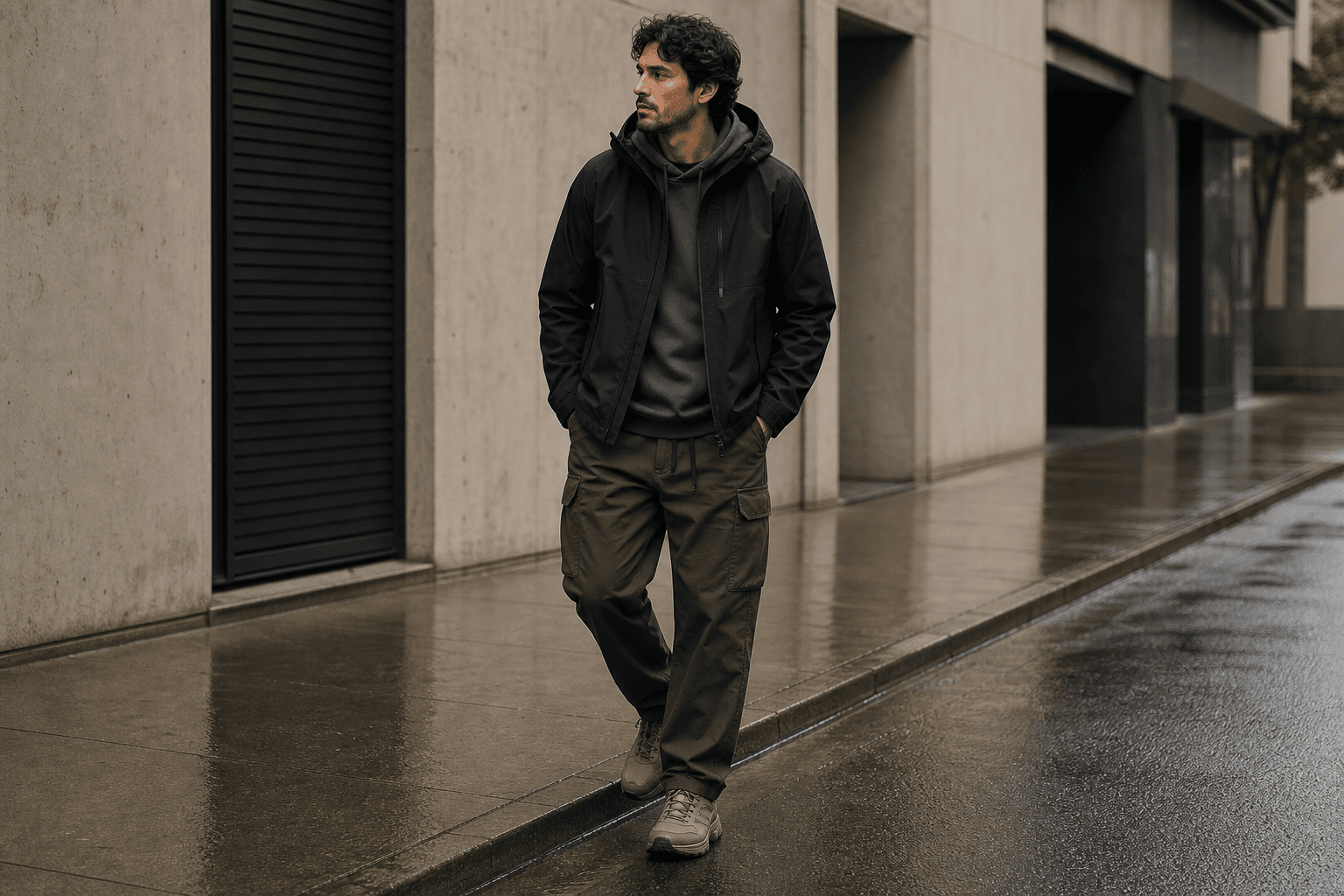 A man wearing a dark knit, wool outer layer, corduroy trousers, and boots on a wet city street.