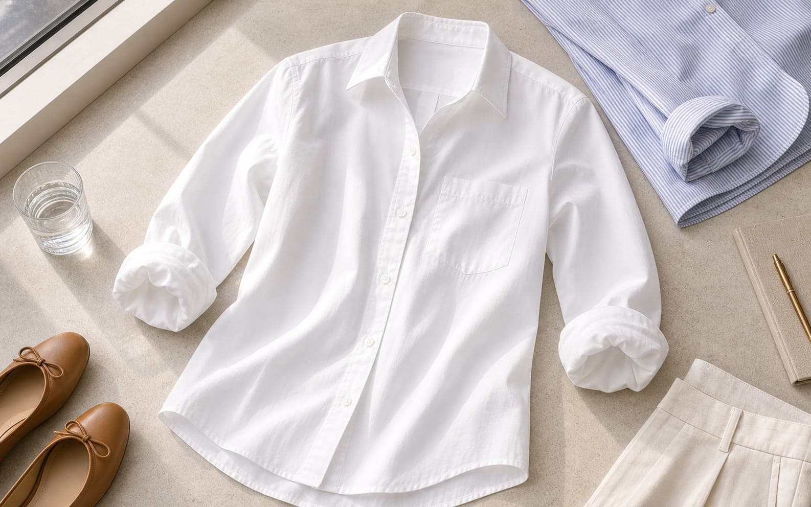 A crisp white cotton poplin button-up shirt with a pale blue shirt and summer office accessories.