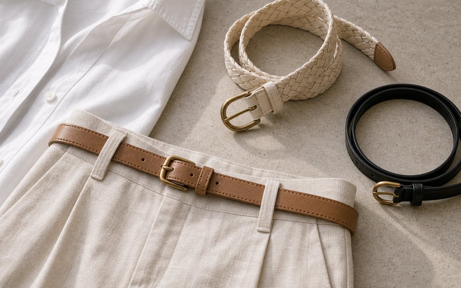 A slim tan belt threaded through ivory linen trousers with woven and black belt options nearby.