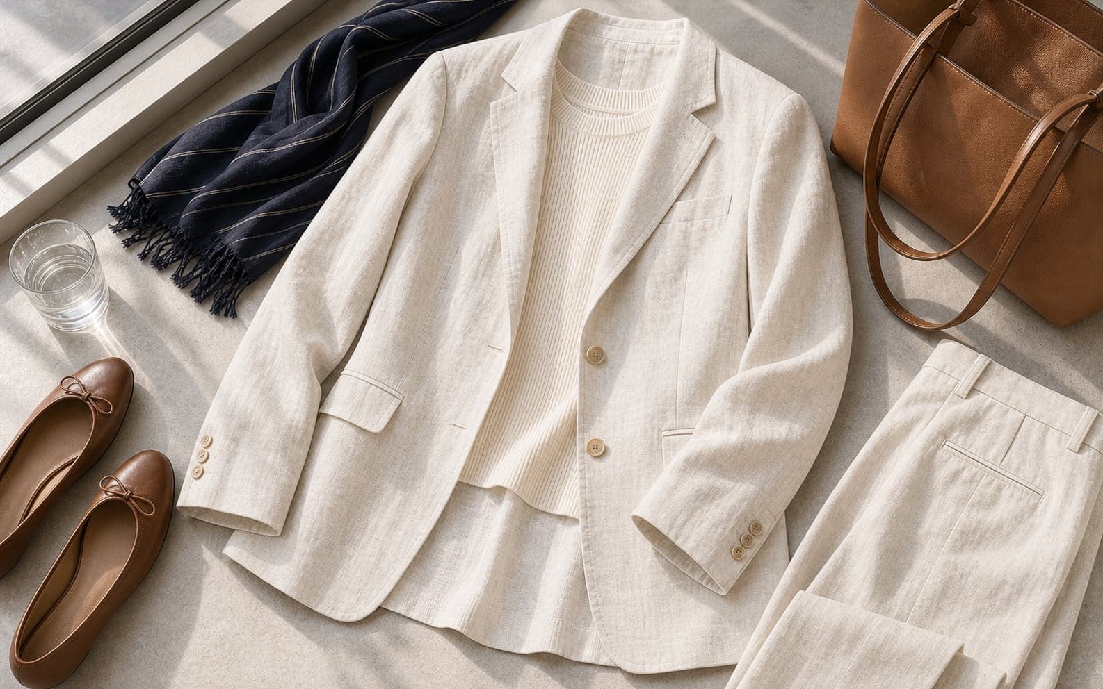 An ivory lightweight linen blazer laid with a sleeveless knit, linen trousers, flats, and a tote.