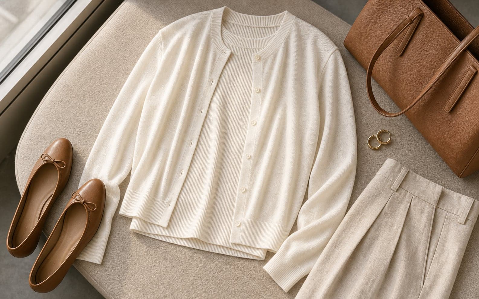 An ivory fine-gauge cardigan layered over a sleeveless knit with linen trousers and flats.