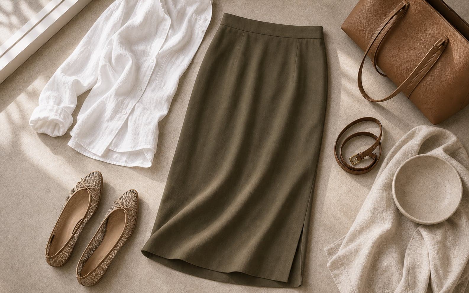 An olive column midi skirt with a white linen shirt, mesh flats, belt, and structured tote.