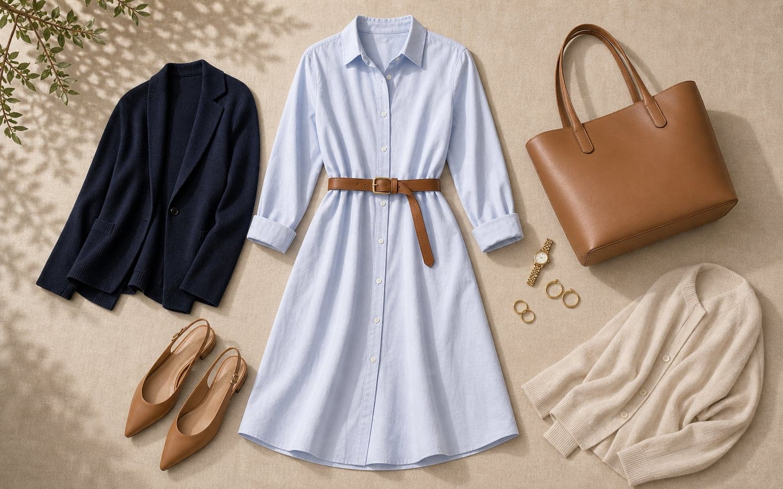 A pale blue shirt dress with a belt, flats, and summer work accessories in a flat lay.