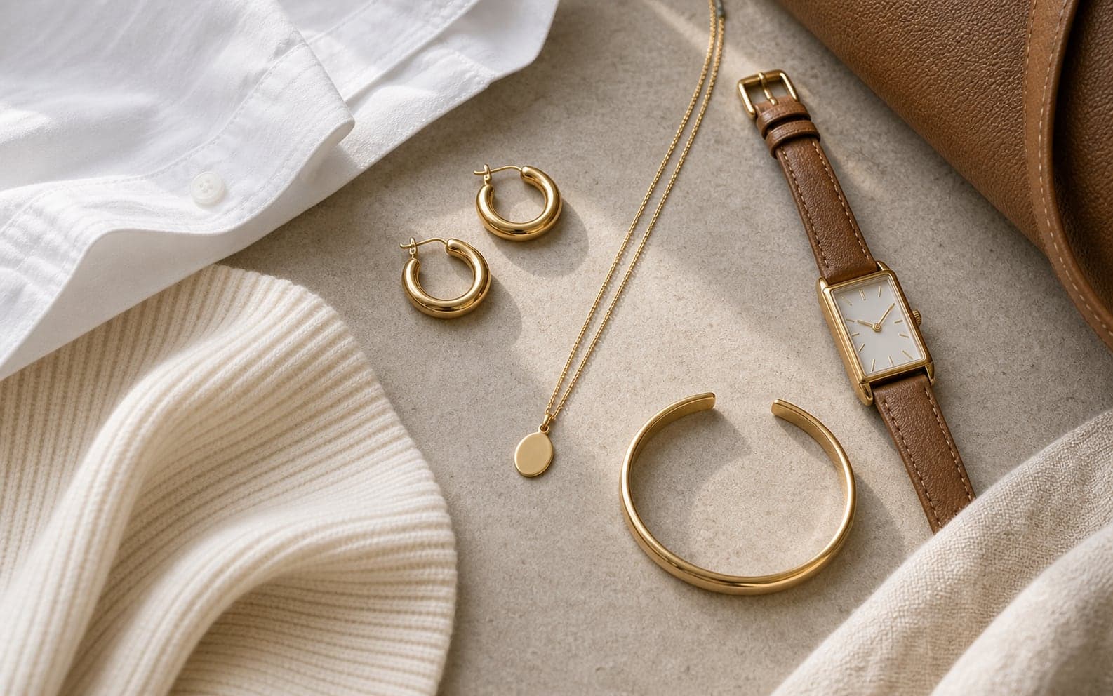 Small gold hoops, a slim watch, cuff bracelet, and pendant beside summer workwear textures.