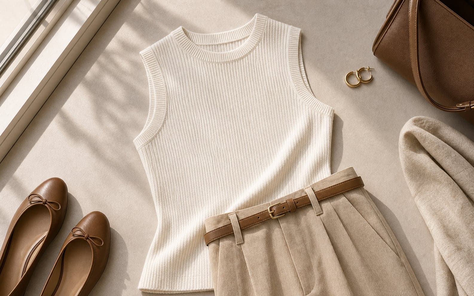An ivory ribbed sleeveless knit top styled with linen trousers, flats, hoops, and a structured tote.