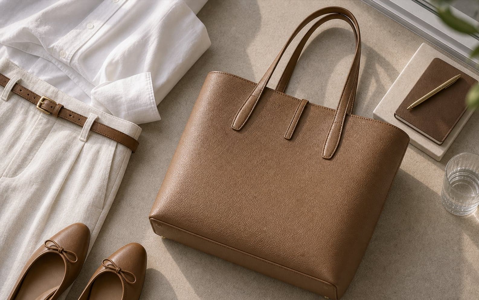 A structured tan leather tote with linen trousers, a cotton shirt, flats, and a notebook.