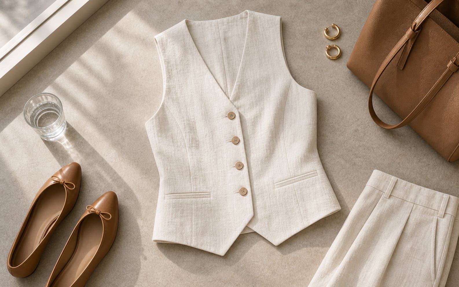 An ivory tailored linen vest with matching trousers, tan flats, hoops, and a structured bag.