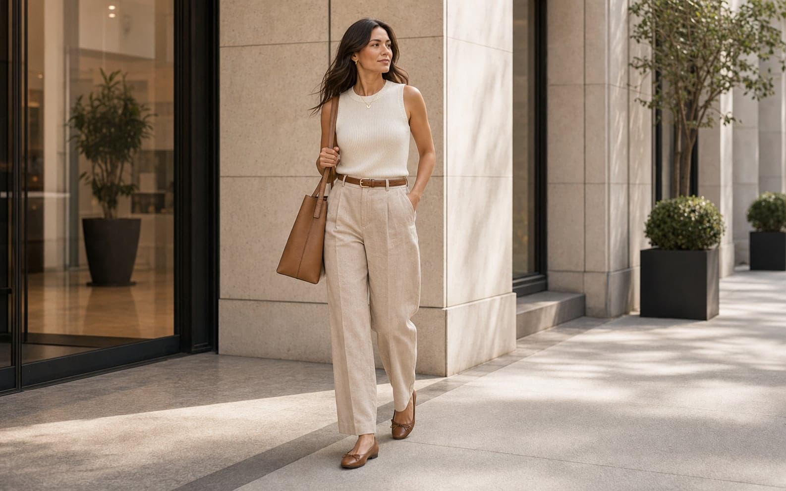 A woman wearing an ivory sleeveless knit, tan linen trousers, leather flats, belt, and structured tote.