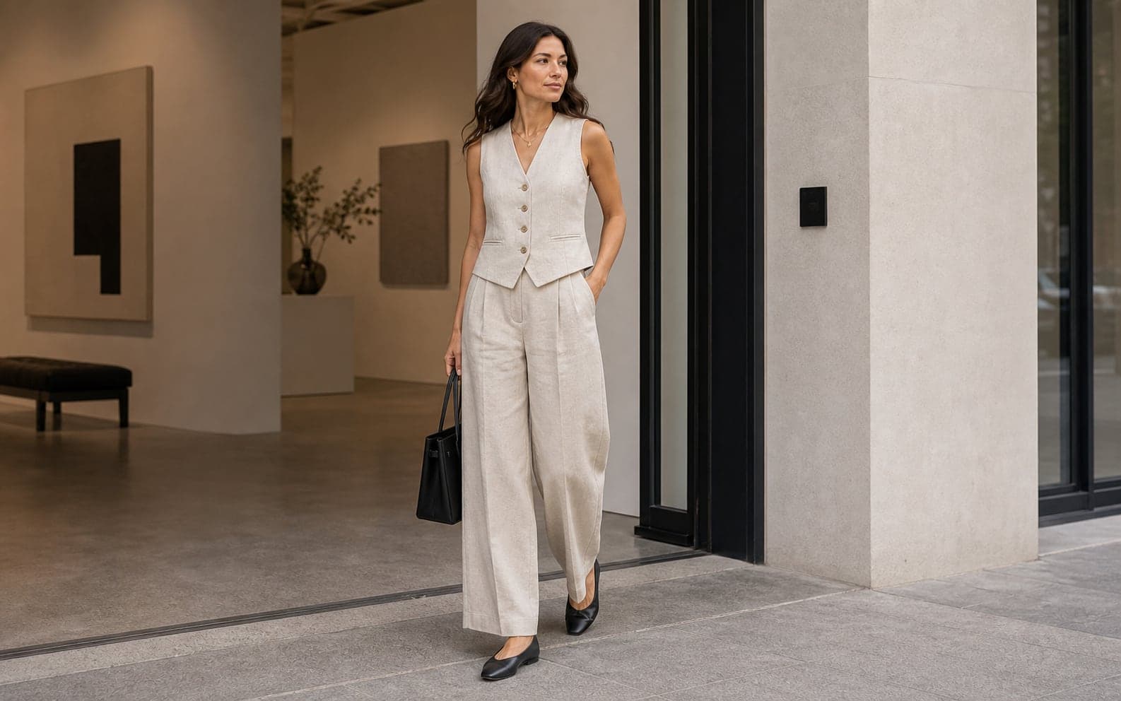 A woman wearing an oatmeal tailored vest with matching linen trousers, sculptural flats, and small hoops.