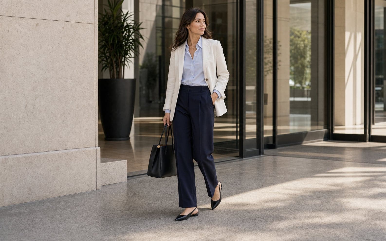 A woman wearing a pale blue cotton poplin shirt, ivory blazer, navy trousers, and black slingbacks.