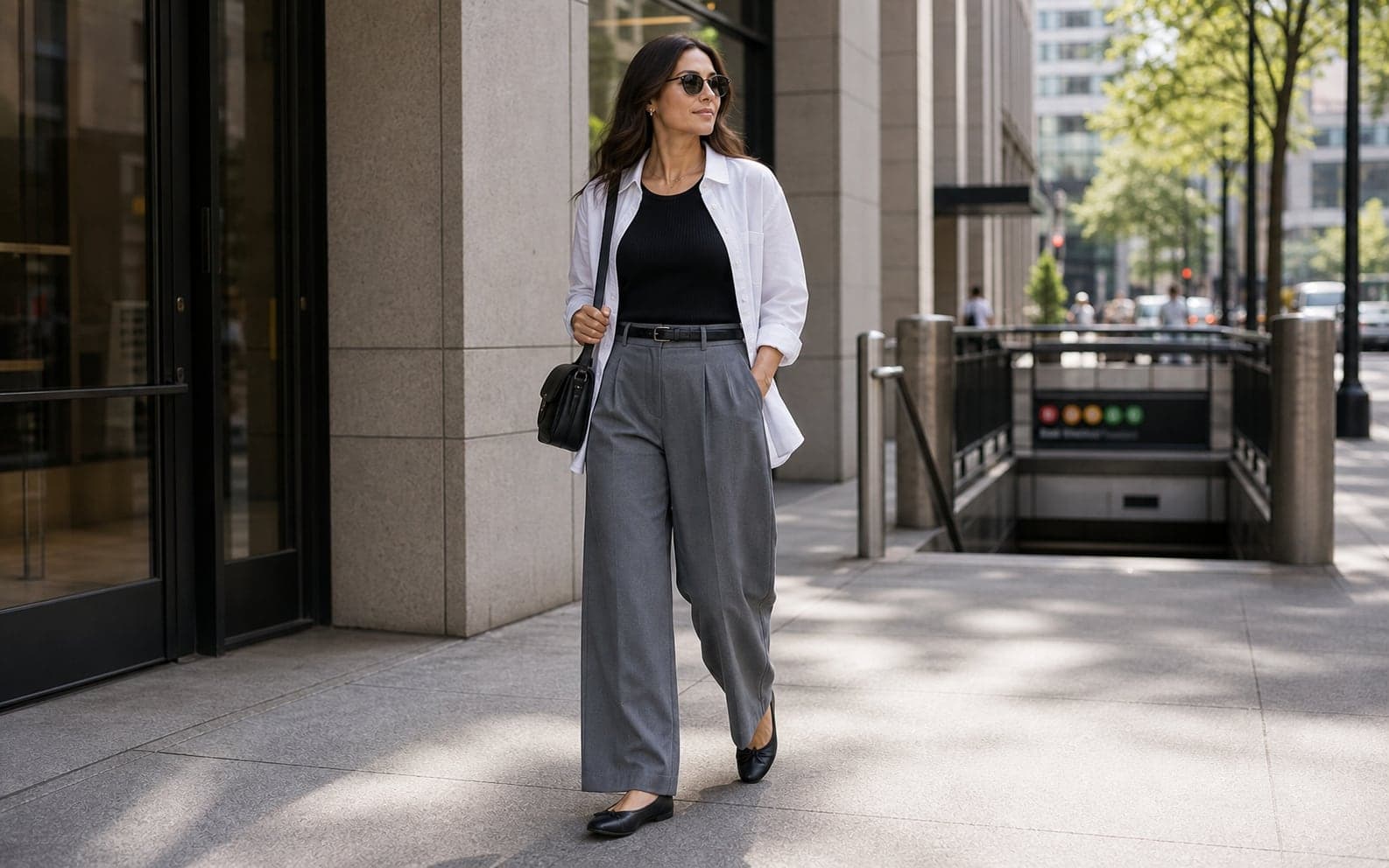 A woman wearing a white cotton shirt open over a black tank with grey wide-leg trousers and supportive flats.