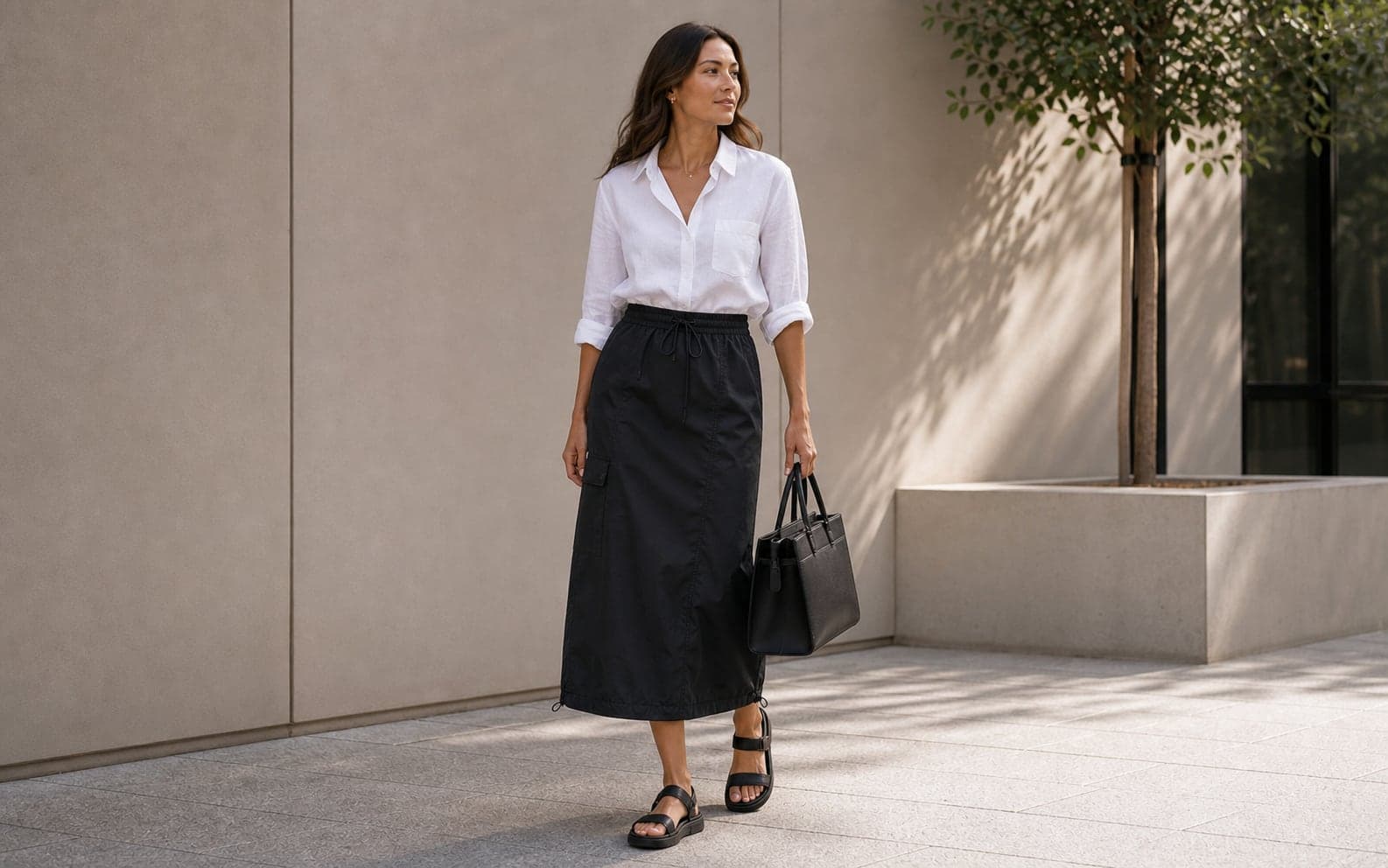 A woman wearing a crisp white office shirt, black sporty nylon midi skirt, refined technical sandals, and structured black bag.