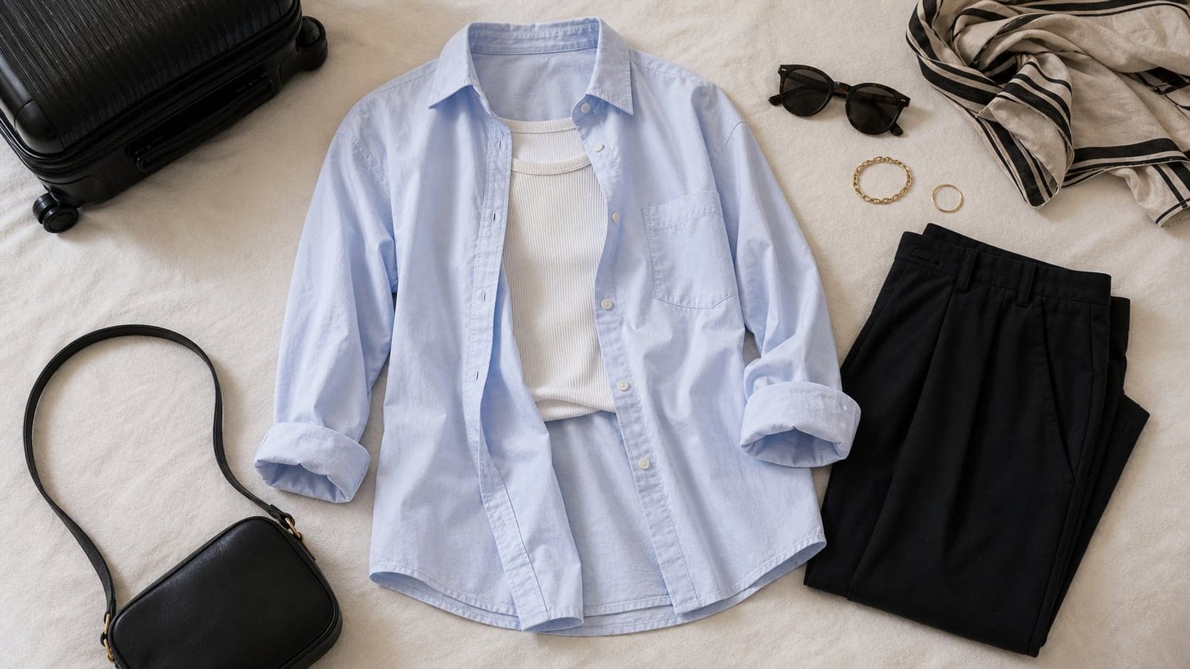 A crisp blue button-down shirt styled open over a ribbed tank with travel pieces.