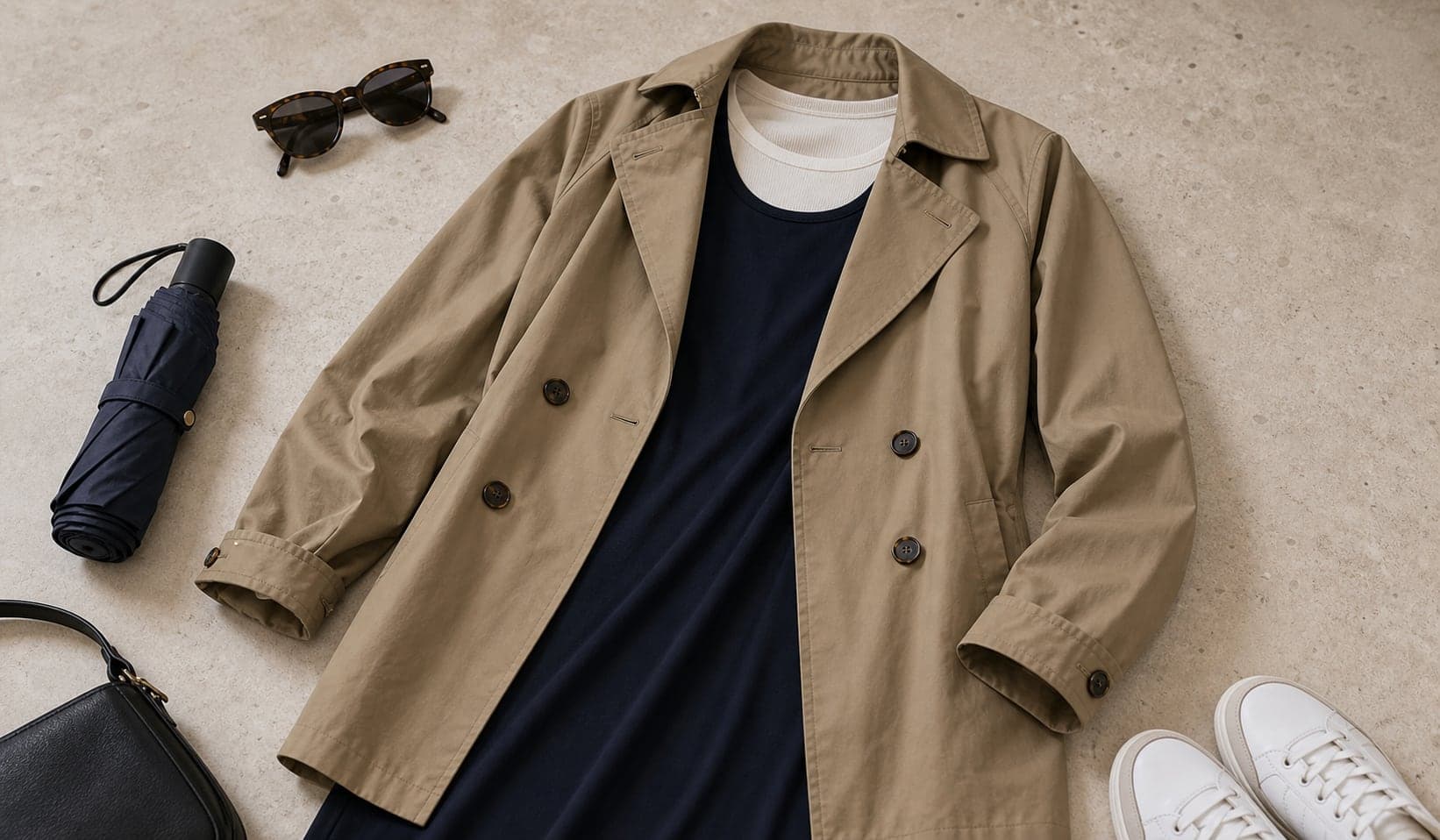 A women's lightweight travel layer arranged with a dress, tank, sneakers, and compact accessories.