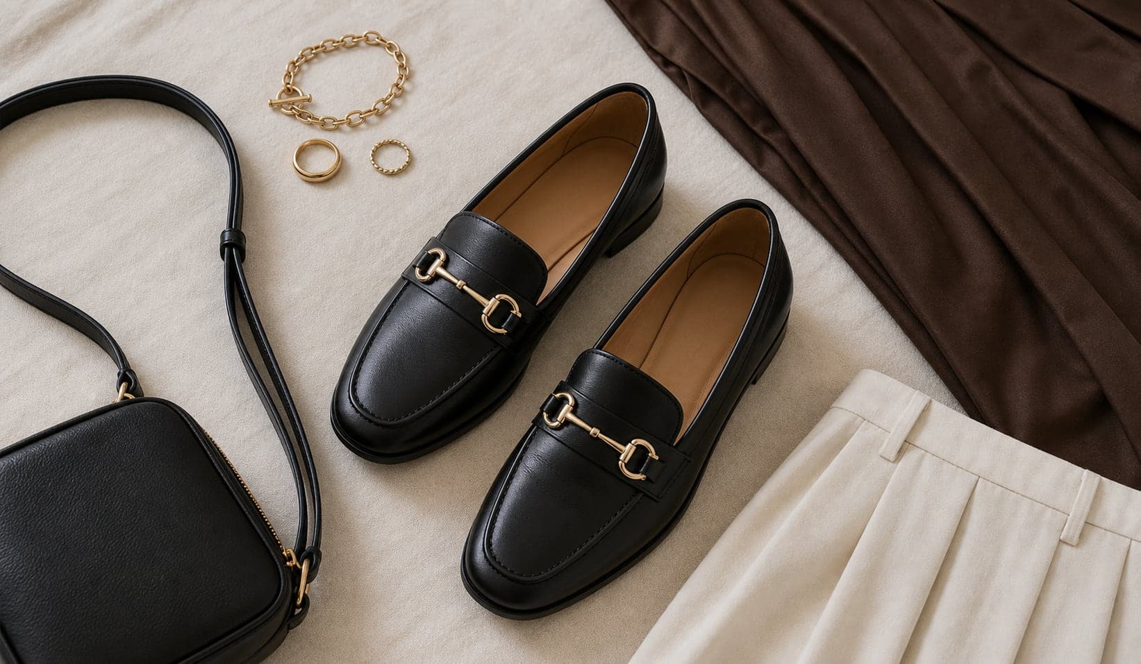 A polished women's travel shoe styled with a midi skirt edge, pleated trouser cuff, compact jewelry, and crossbody bag.