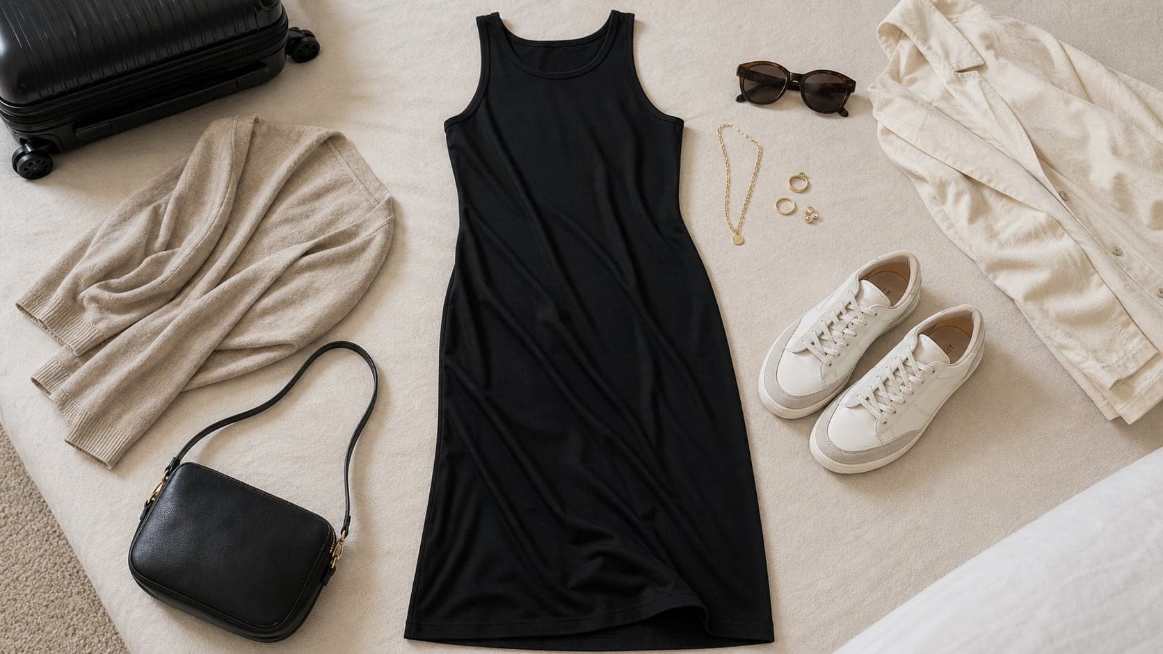 A simple women's travel dress arranged with low-profile sneakers, jewelry, and a compact cardigan.