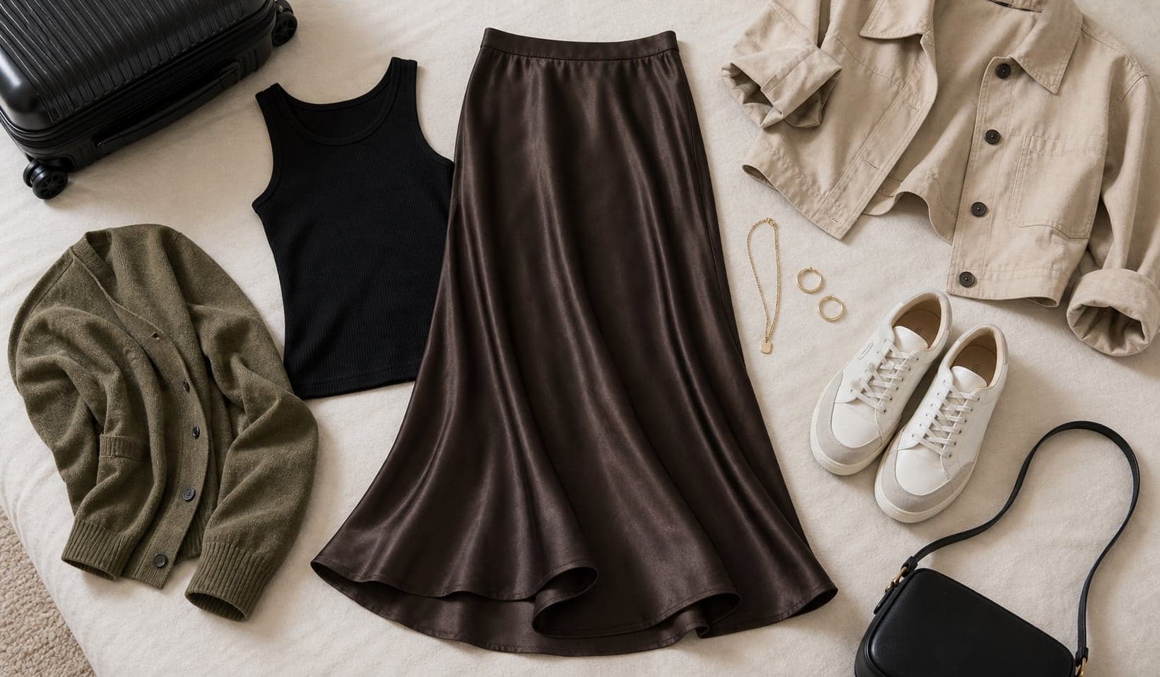 A women's travel skirt with movement arranged with a tank, jacket, sneakers, and jewelry.