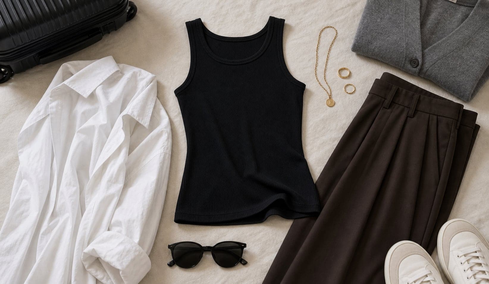 A ribbed women's fitted base top arranged with trousers, an open shirt, jewelry, and cardigan.