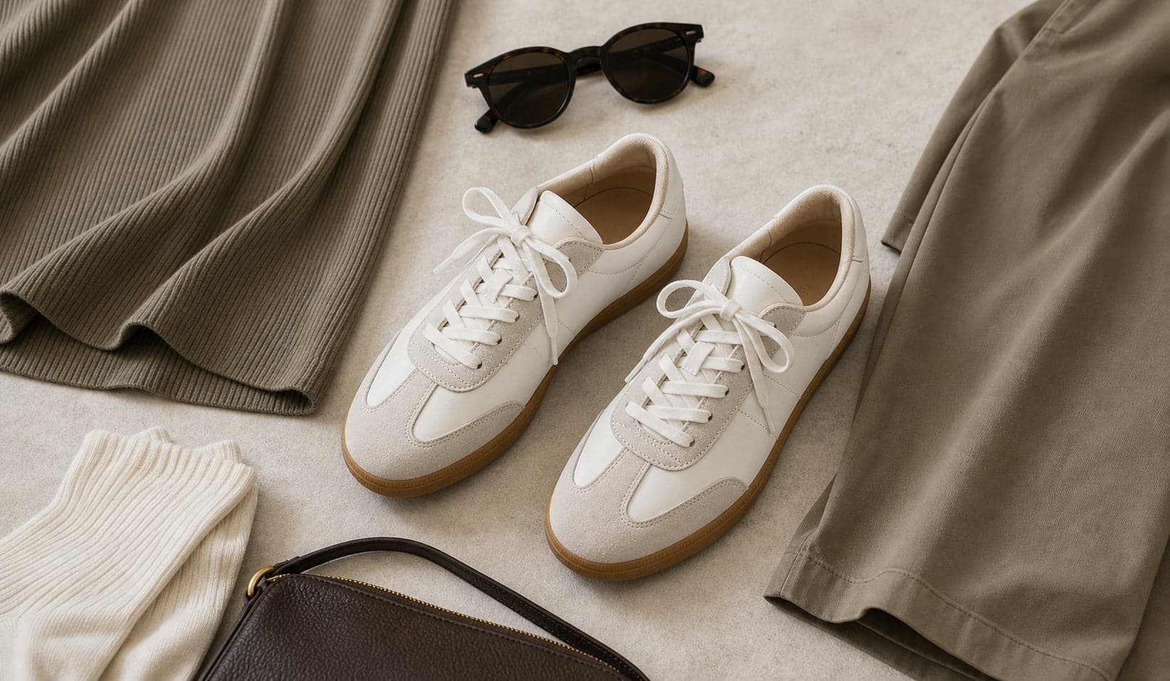 Low-profile women's travel sneakers styled with a dress hem, trouser cuff, ribbed socks, and sunglasses.