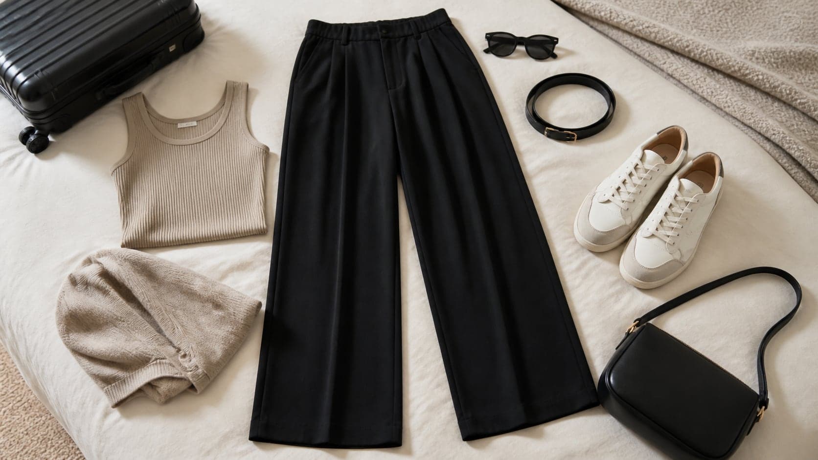 Wide-leg women's travel trousers styled with a ribbed tank, sneakers, sunglasses, and belt.
