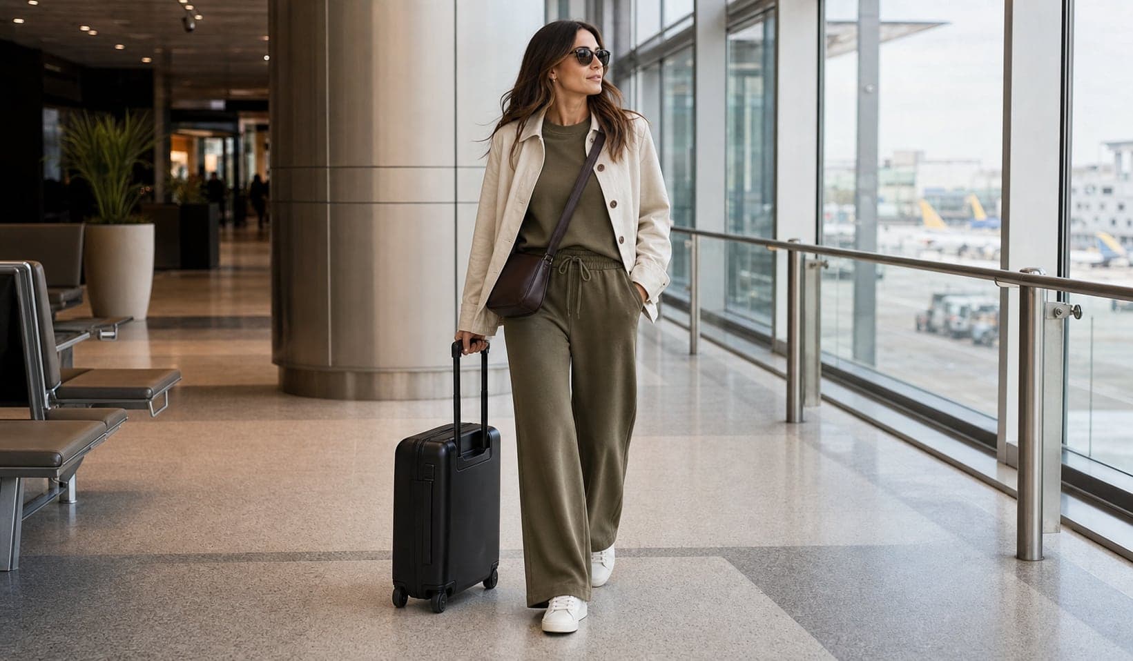 A woman in an olive matching set, cream jacket, low-profile sneakers, and crossbody bag traveling with a compact carry-on.