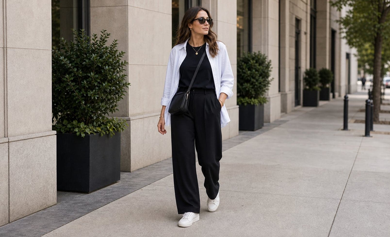 A woman in a black tee, navy trousers, white sneakers, open button-down, and compact jewelry.