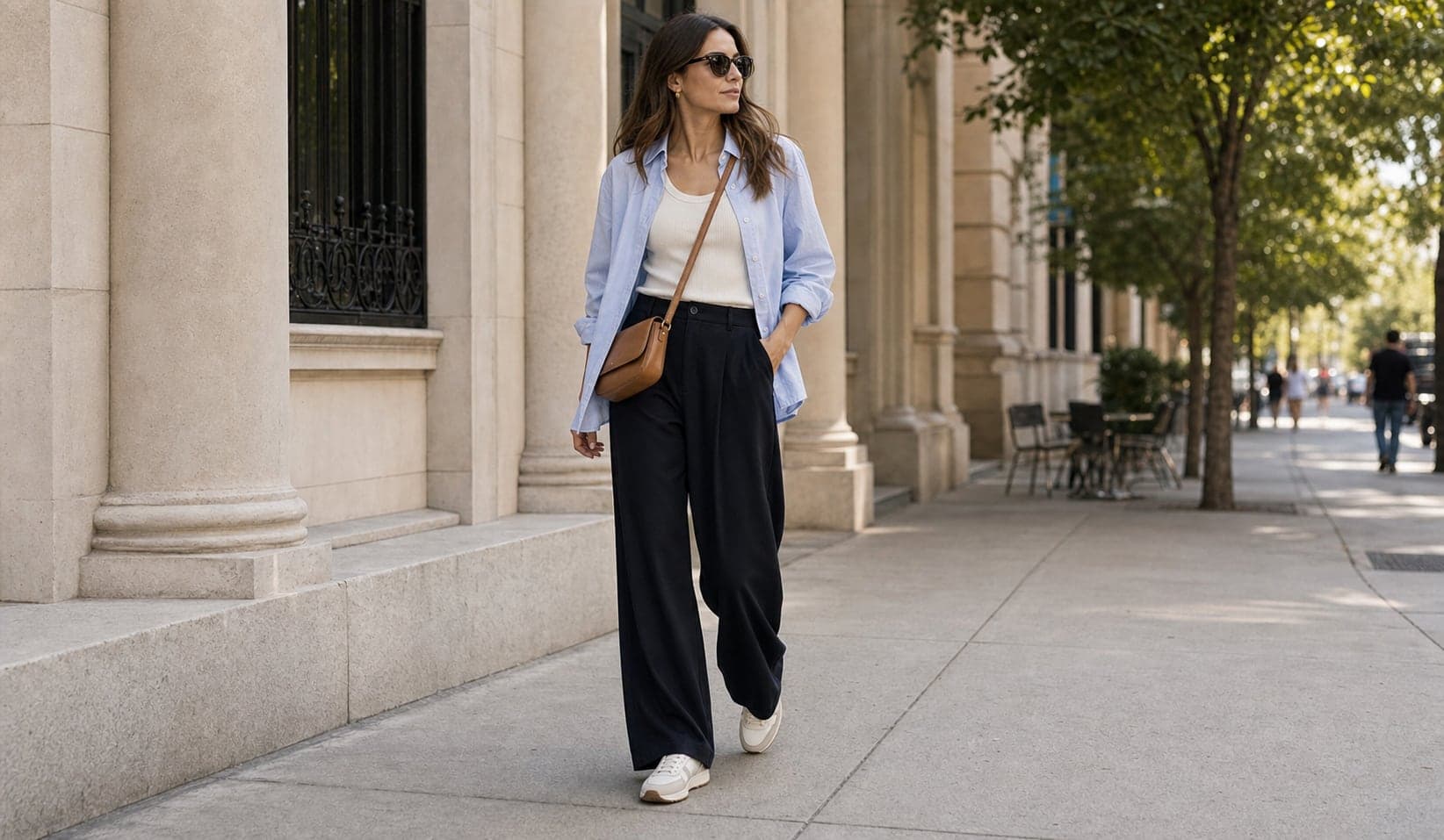 A woman walking in a ribbed tank, wide-leg trousers, retro runners, and an open button-down.