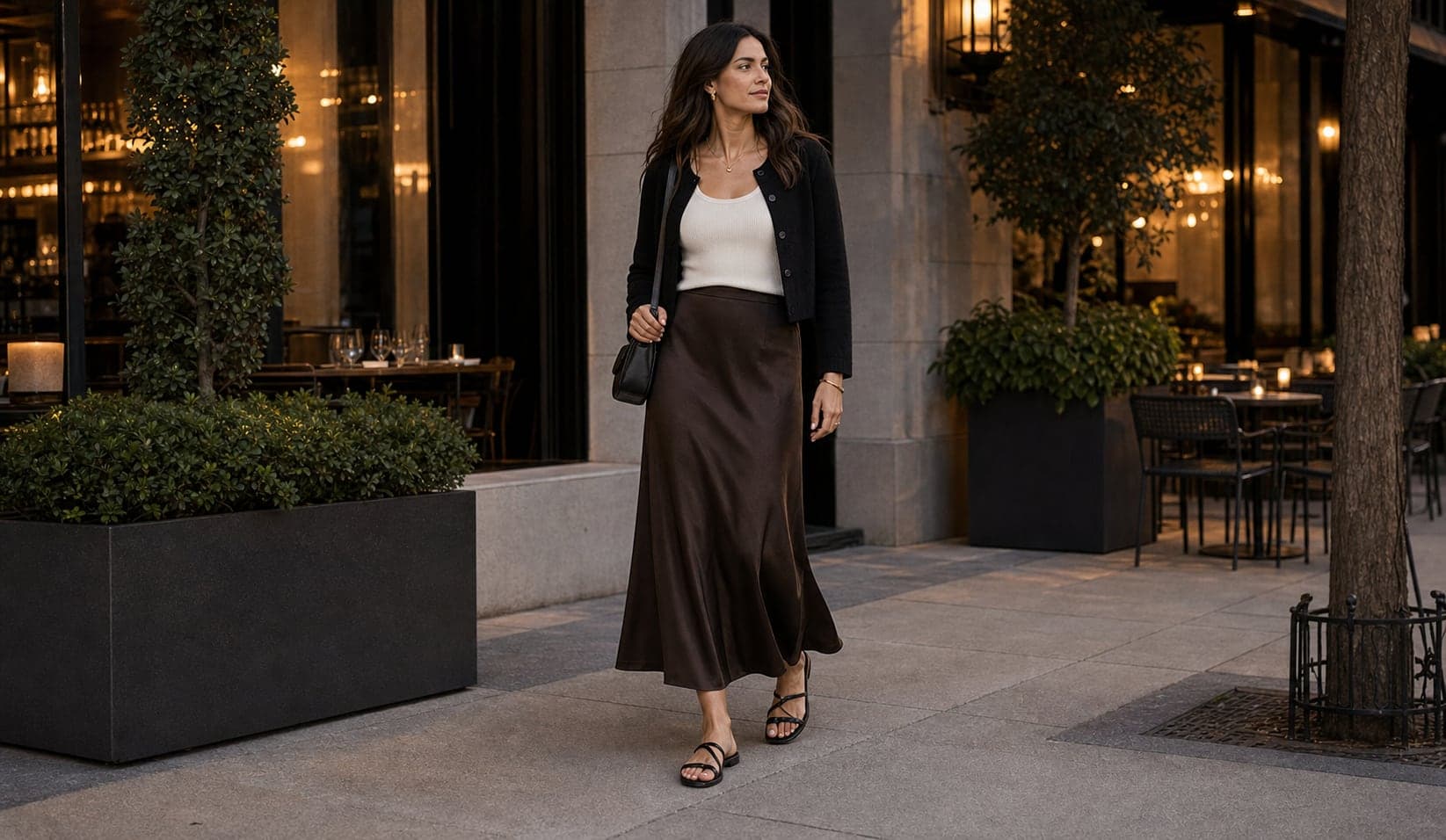 A woman in a satin midi skirt, fitted tank, cropped jacket, and flat sandals for a travel dinner outfit.