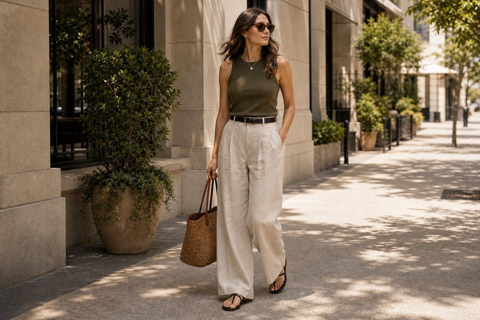 A woman in linen-blend trousers, a sleeveless knit, flat sandals, and a woven bag on a warm city street.