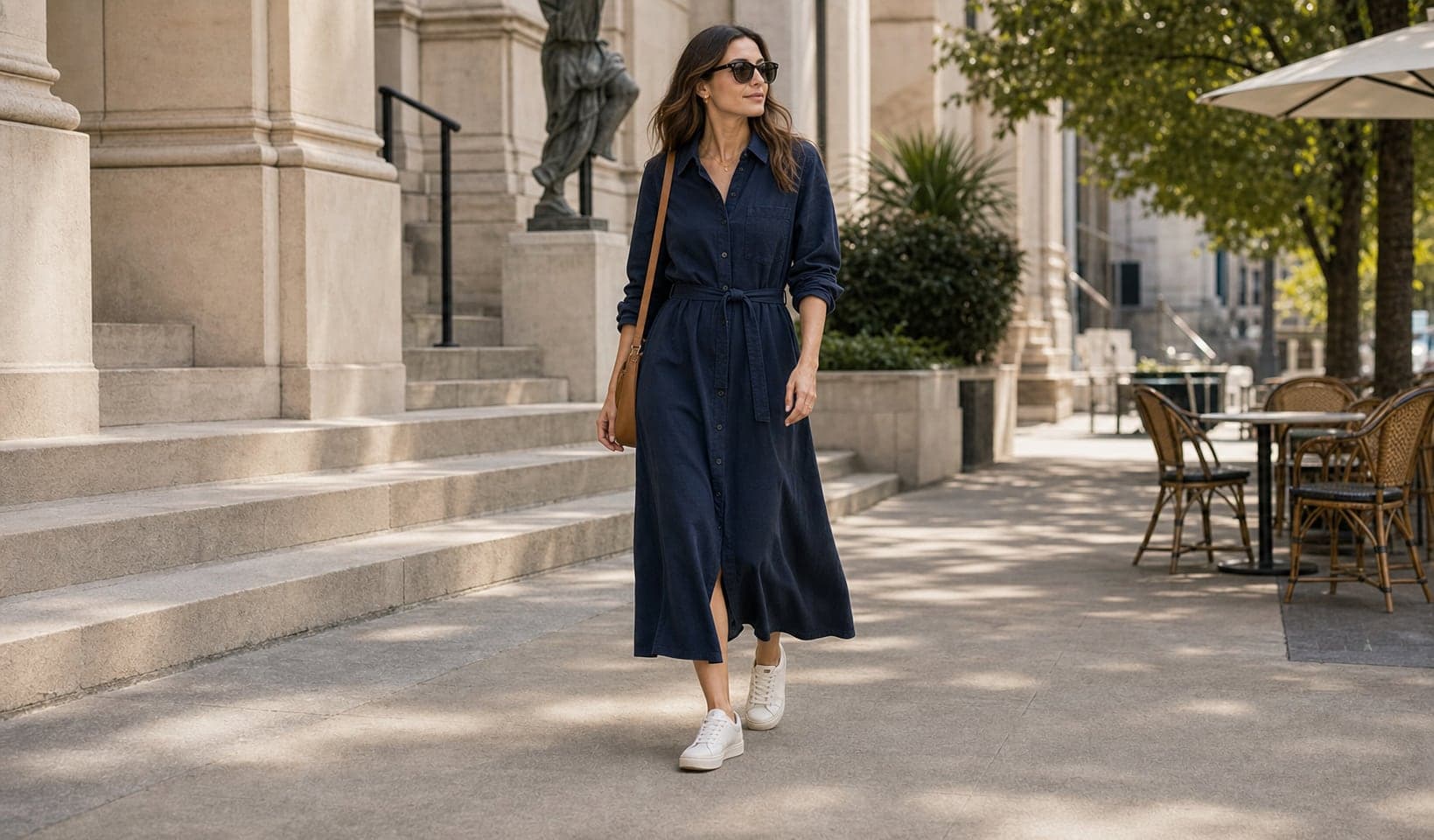 A woman wearing a structured shirt dress with low-profile sneakers, sunglasses, and small jewelry.