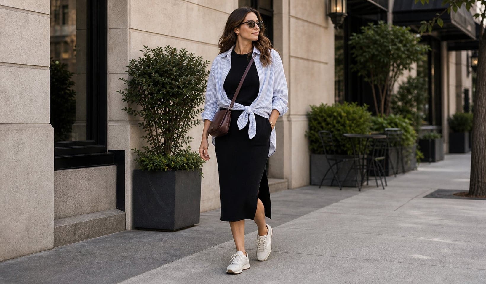 A woman wearing a simple knit dress with plain sporty sneakers and an oversized button-down worn open.