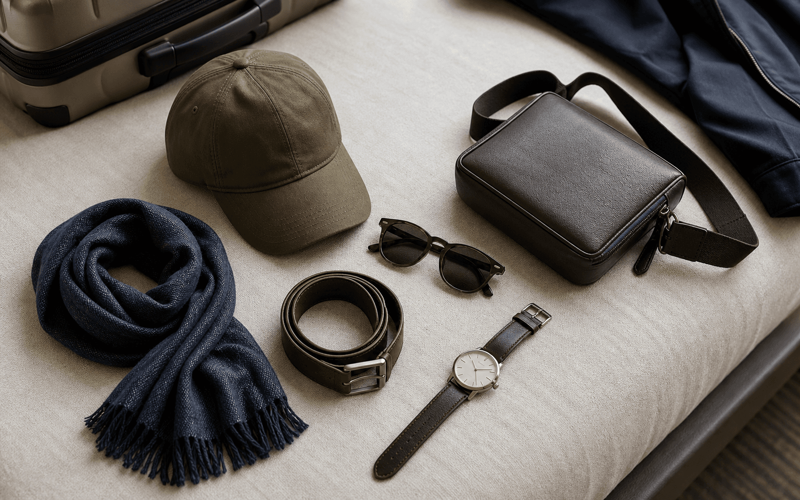 Travel accessories including a cap, sunglasses, belt, watch, scarf, and compact bag.