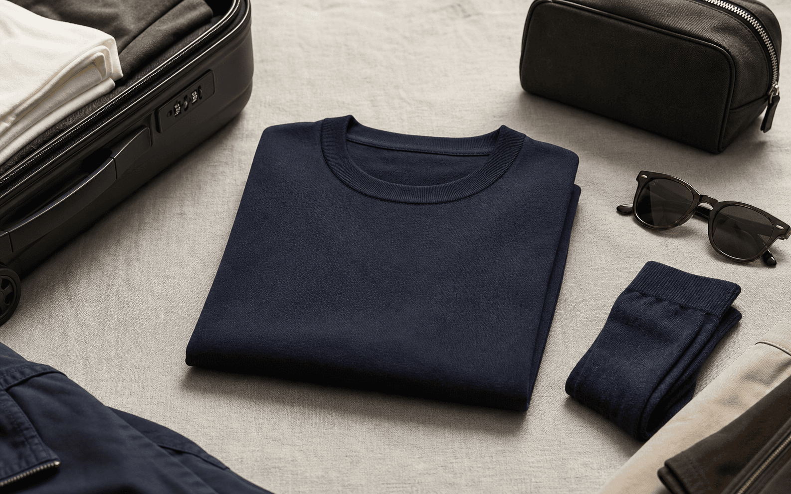 Dark knit tee arranged with travel accessories on a neutral flat-lay surface.