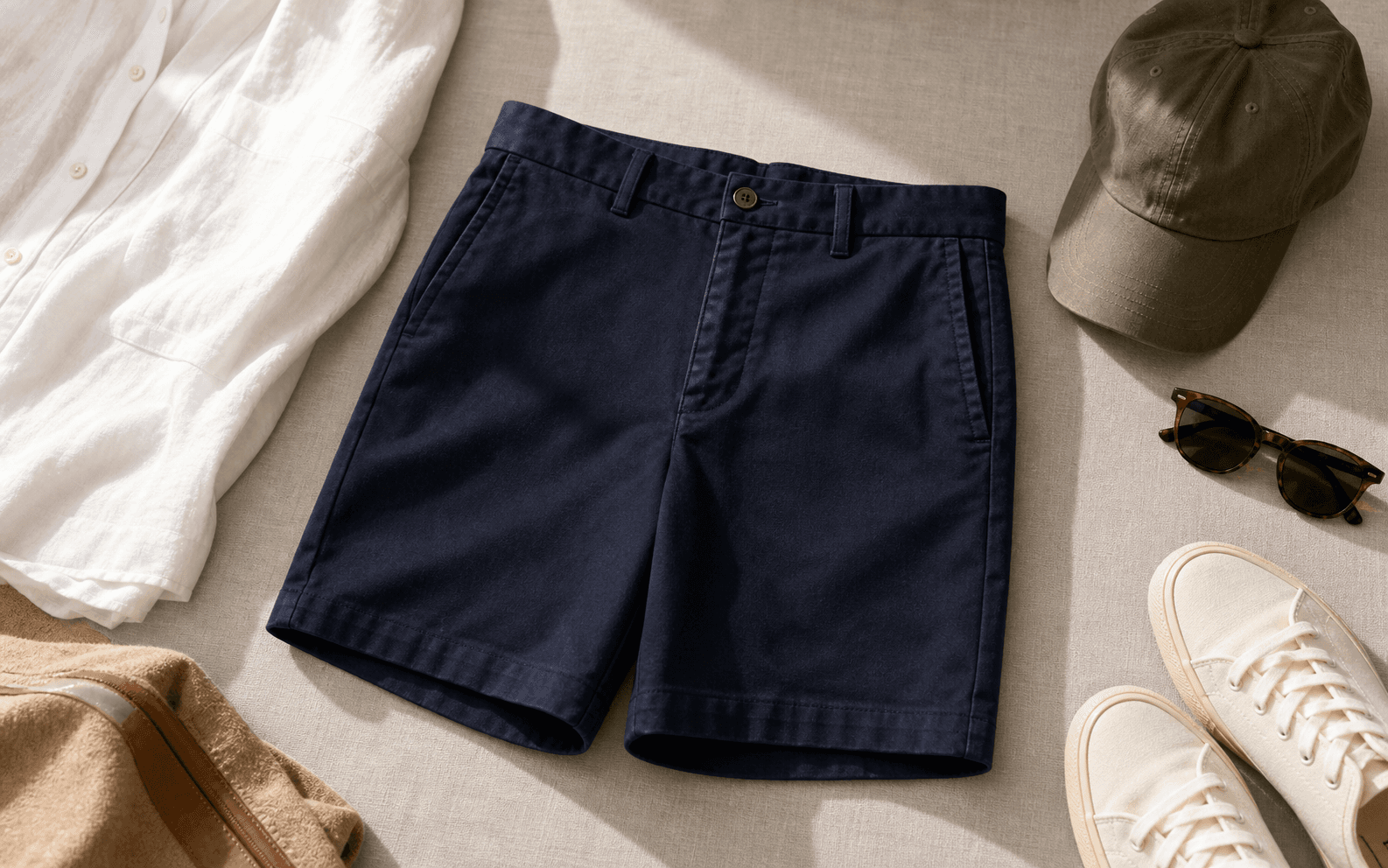 Tailored navy shorts arranged with a linen shirt, canvas shoes, sunglasses, and cap.