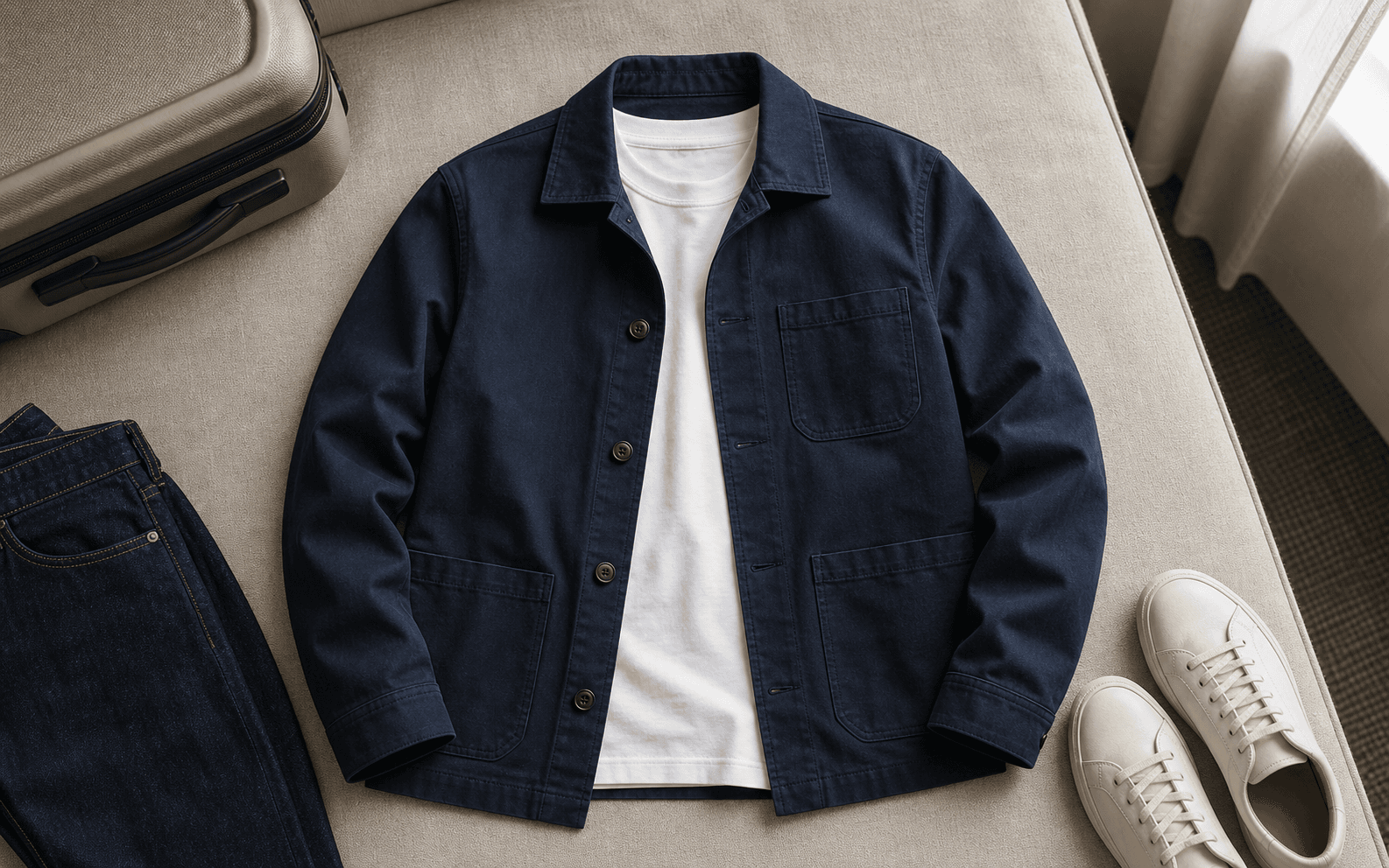 Navy lightweight chore jacket arranged over a white tee with dark denim and sneakers.
