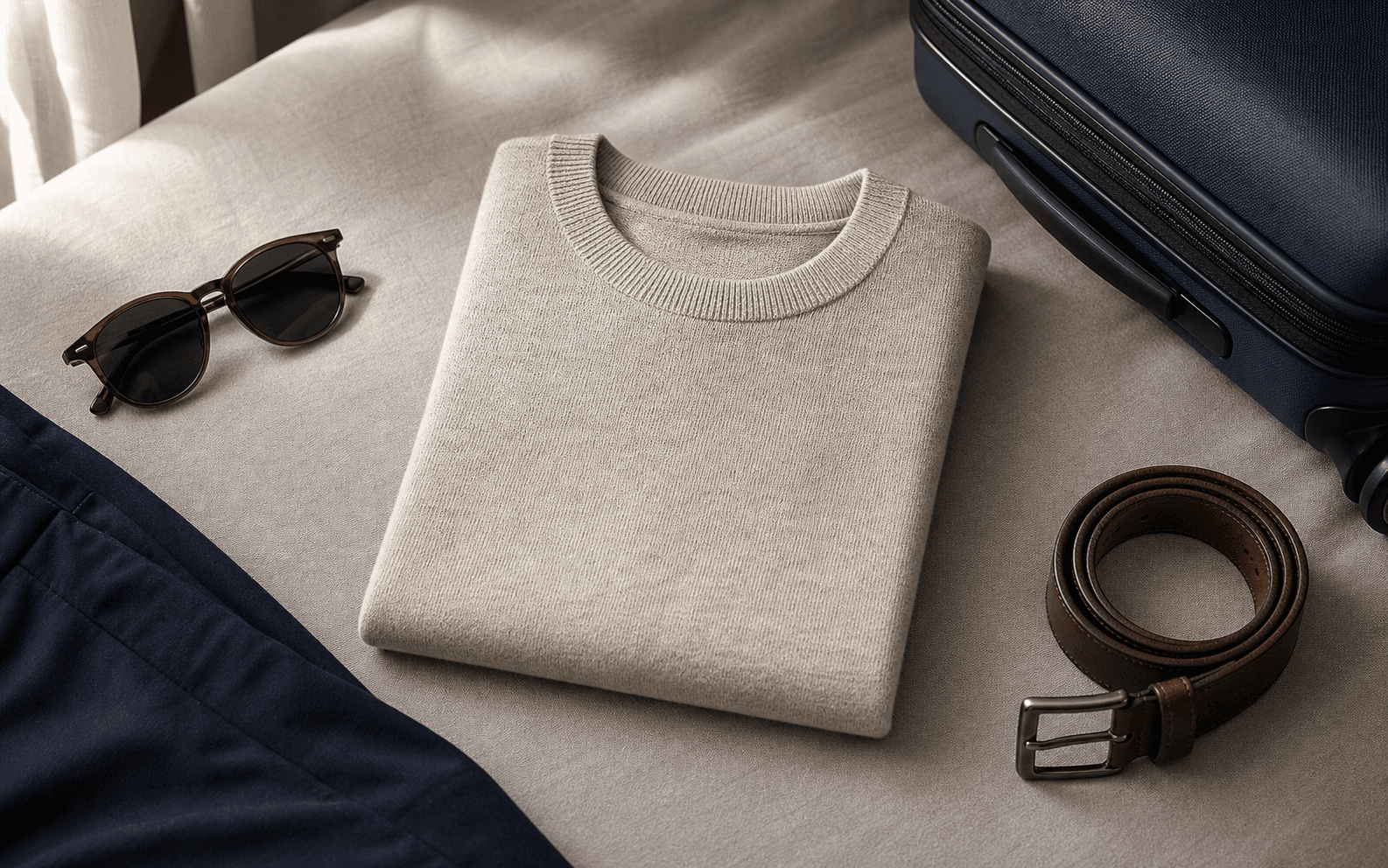 Fine-gauge oatmeal knit arranged with sunglasses, belt, and luggage detail.