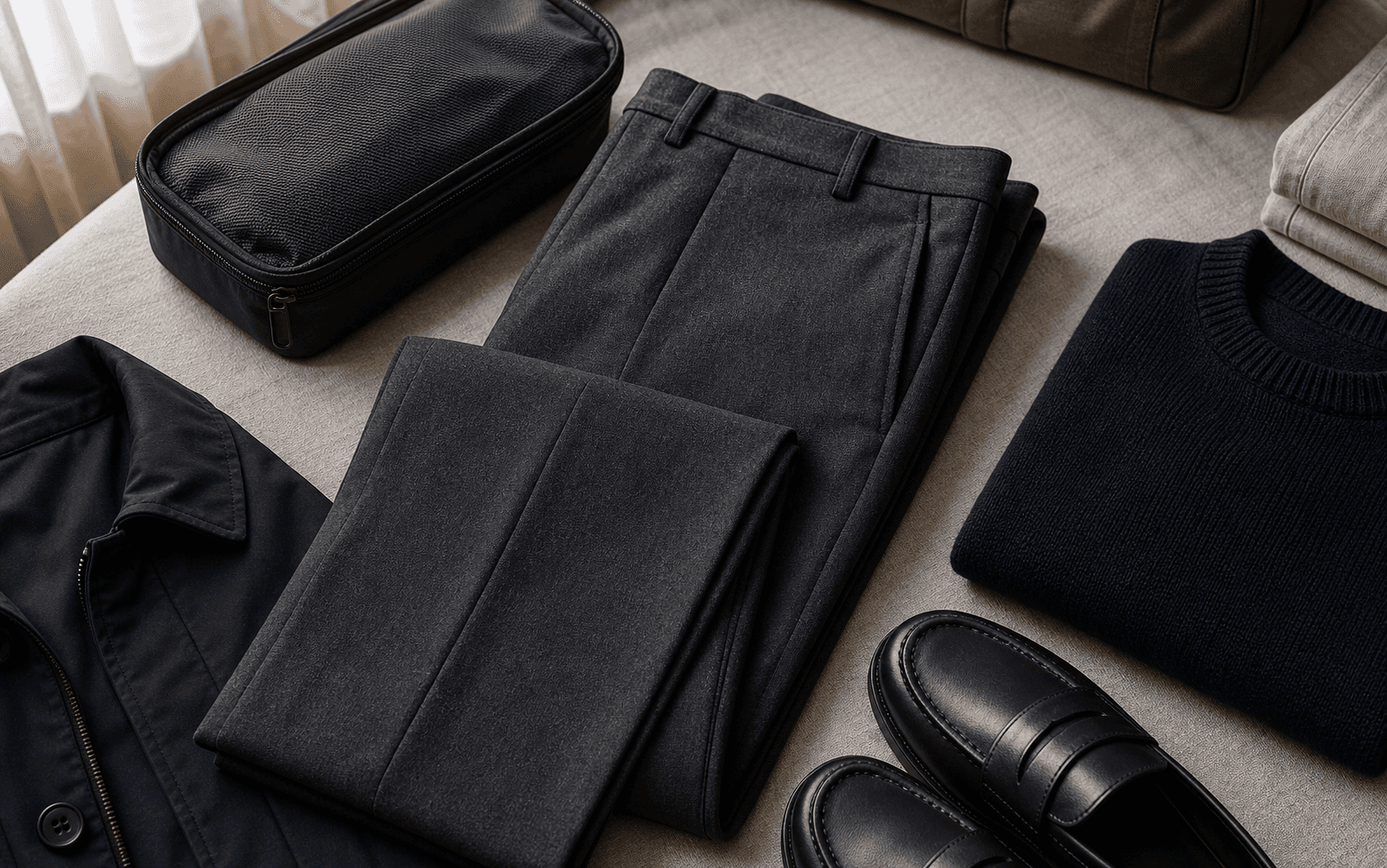 Charcoal travel trousers arranged with a navy knit, loafers, and packing cube.