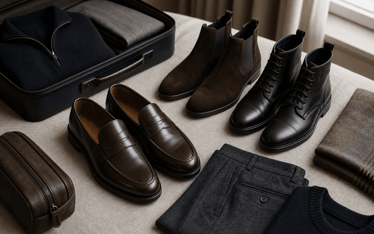 Leather loafers and travel boots arranged with dark knitwear and wool trousers.