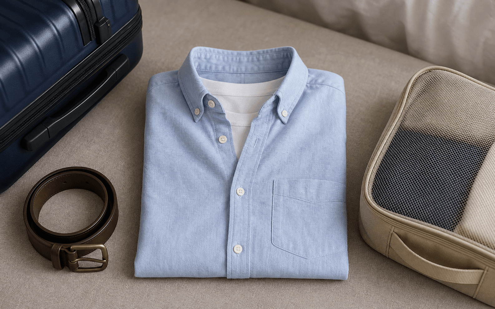 Pale blue button-down shirt folded with a belt and packing cube for travel.