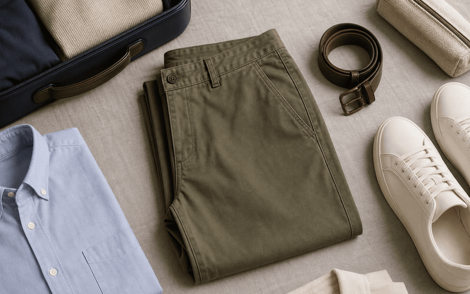 Relaxed olive chinos arranged with a button-down shirt, belt, and off-white sneakers.